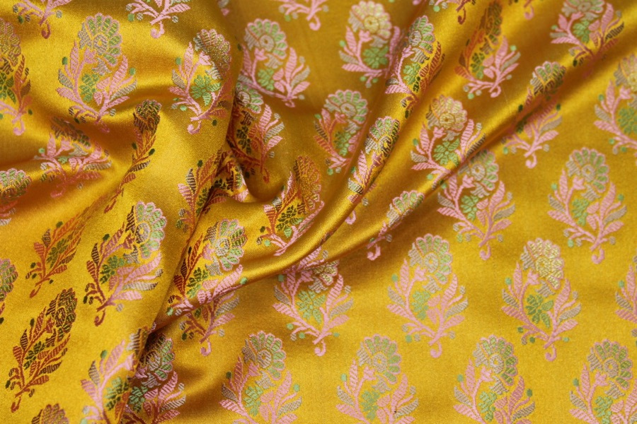 Soft Banaras Brocade - Saffron Yellow, Pink and Green fabric, image 3 of 5