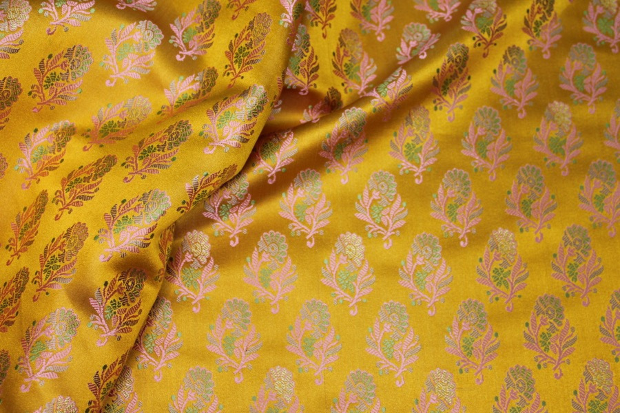 Soft Banaras Brocade - Saffron Yellow, Pink and Green fabric, image 4 of 5