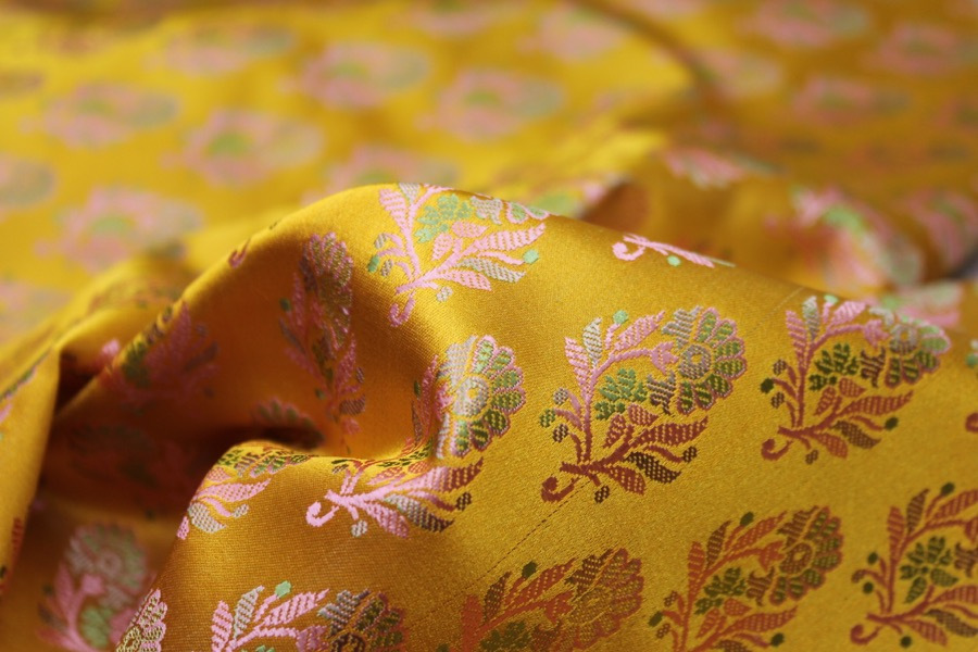 Soft Banaras Brocade - Saffron Yellow, Pink and Green fabric, image 5 of 5