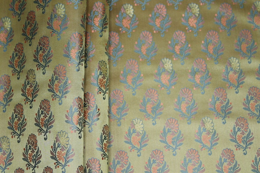 Soft Banaras Brocade - Pale Green, Blue and Salmon fabric, image 2 of 5