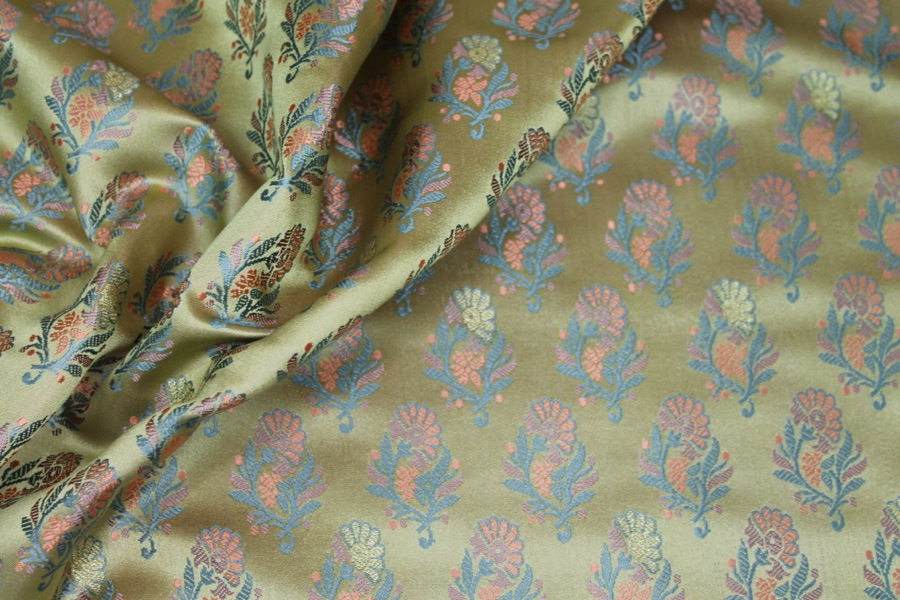 Soft Banaras Brocade - Pale Green, Blue and Salmon fabric, image 3 of 5