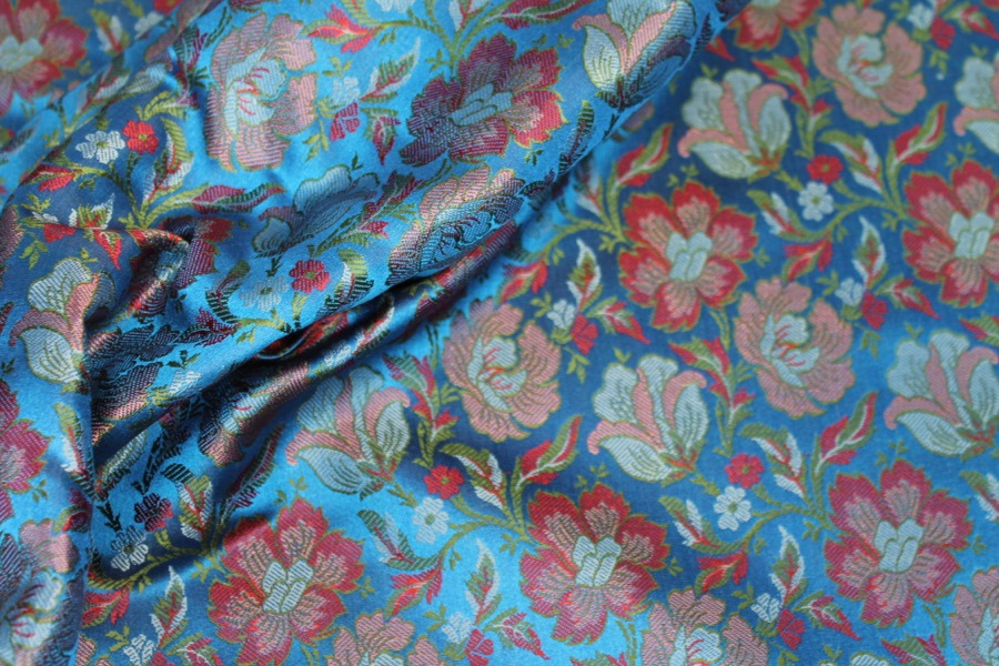 Soft Banaras Brocade - Royal Blue, Pinks and Green fabric, image 5 of 6