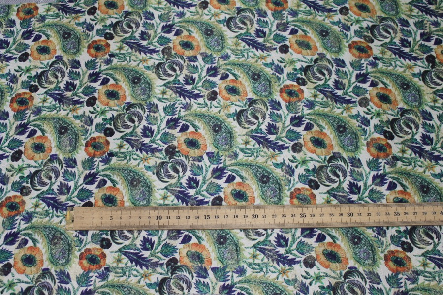 Floral Printed Brocade - Blue, Green and Orange on Cream fabric, image 2 of 8