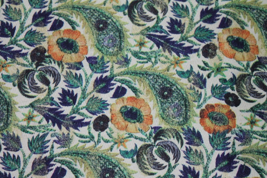 Floral Printed Brocade - Blue, Green and Orange on Cream fabric, image 4 of 8