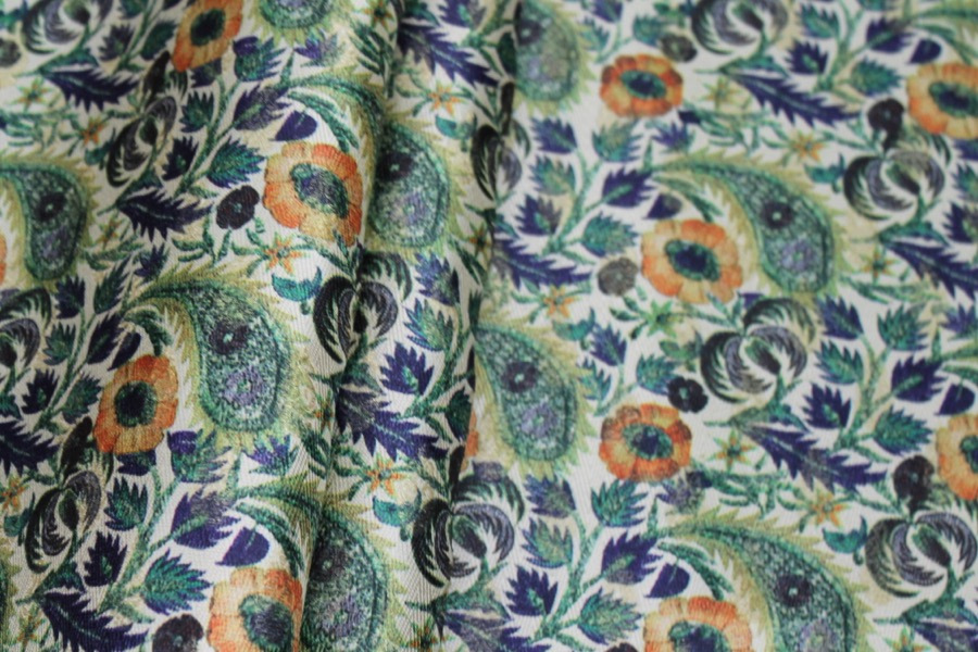 Floral Printed Brocade - Blue, Green and Orange on Cream fabric, image 3 of 8