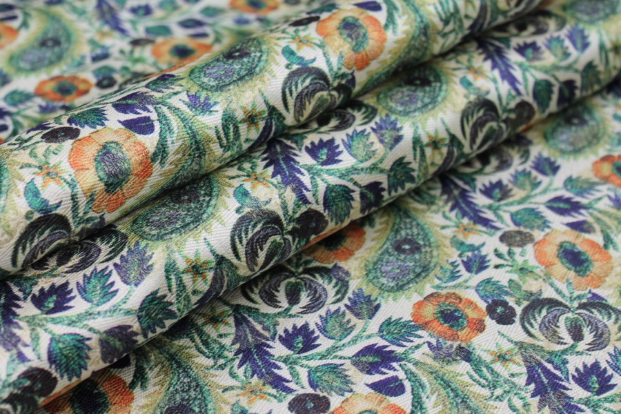 Floral Printed Brocade - Blue, Green and Orange on Cream fabric