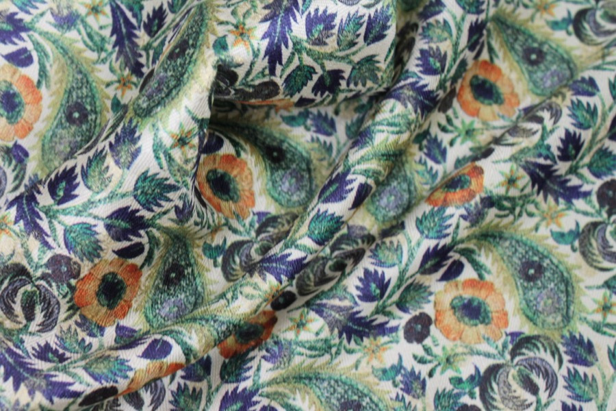 Floral Printed Brocade - Blue, Green and Orange on Cream fabric, image 5 of 8