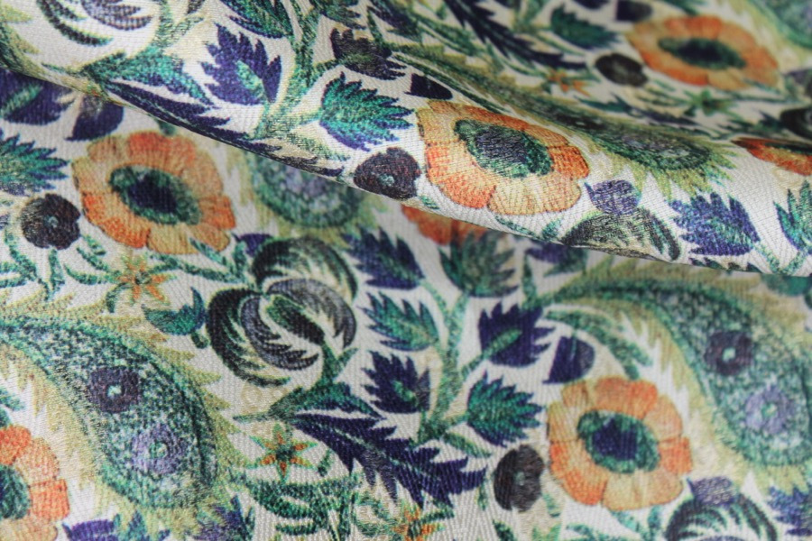 Floral Printed Brocade - Blue, Green and Orange on Cream fabric, image 6 of 8