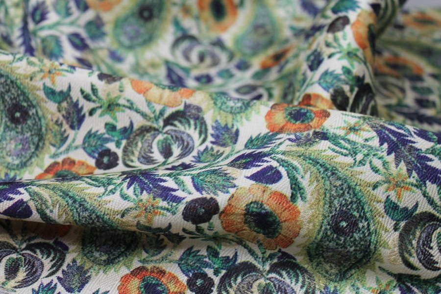 Floral Printed Brocade - Blue, Green and Orange on Cream fabric, image 7 of 8