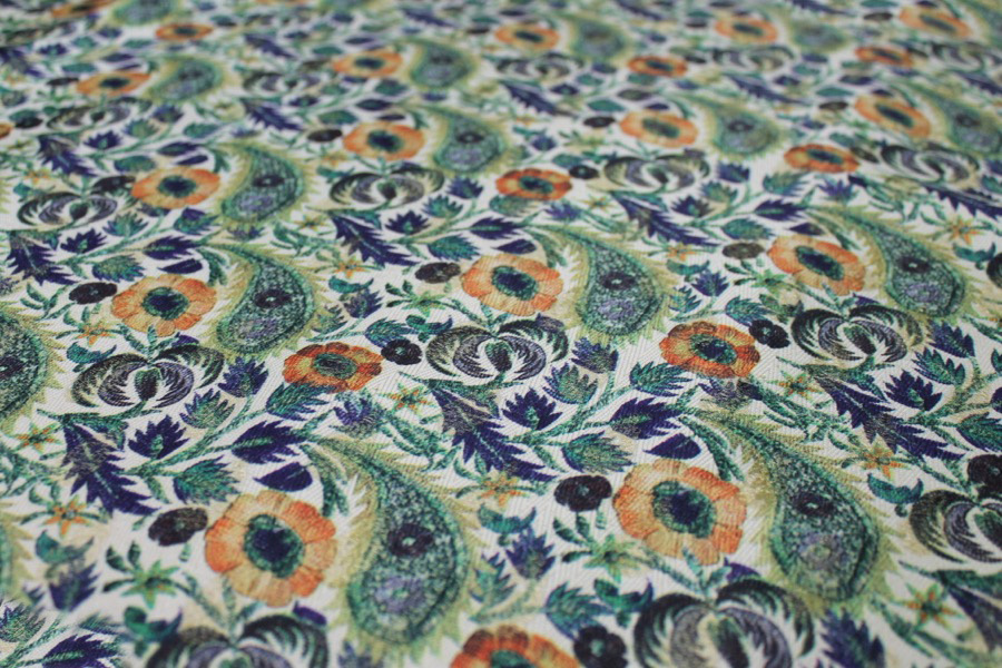 Floral Printed Brocade - Blue, Green and Orange on Cream fabric, image 8 of 8