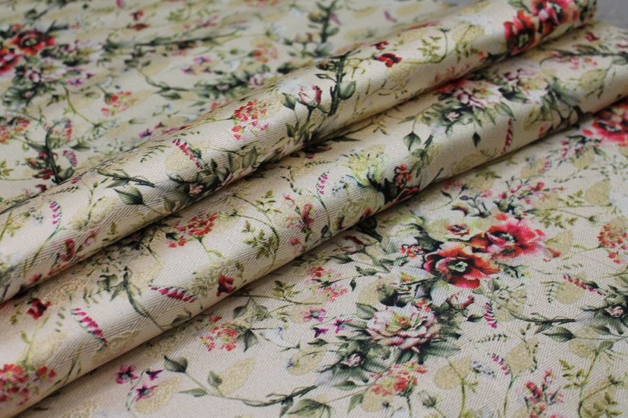 Floral Printed Brocade - Multi Coloured on Cream fabric
