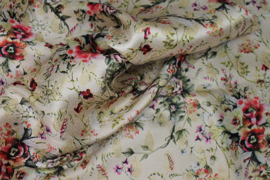 Floral Printed Brocade - Multi Coloured on Cream fabric, image 4 of 8