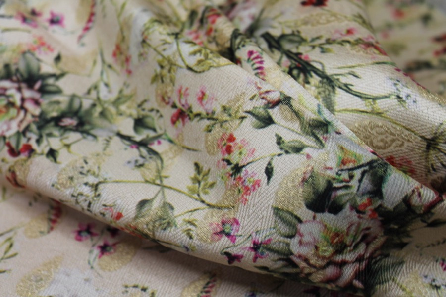 Floral Printed Brocade - Multi Coloured on Cream fabric, image 5 of 8