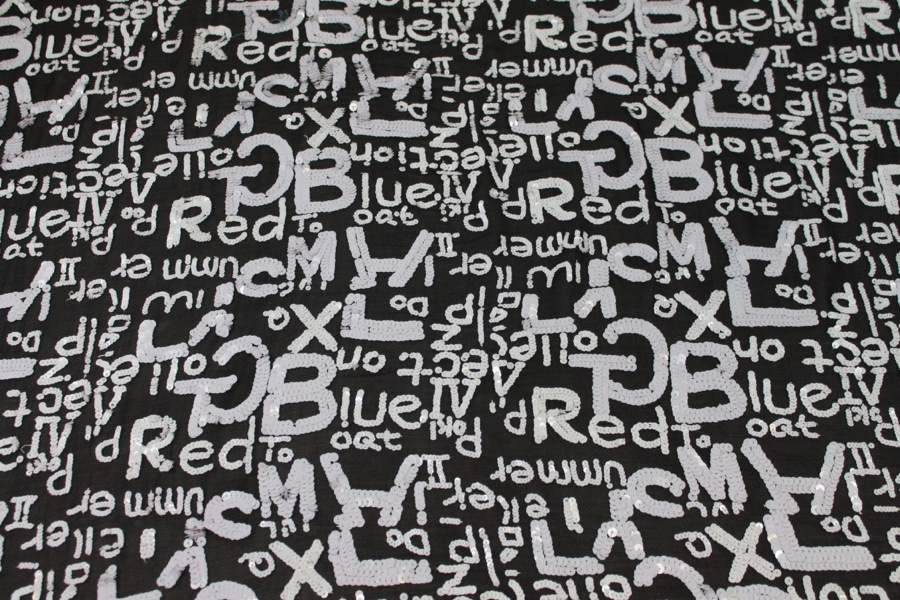 Black chiffon with white round sequin lettering fabric, image 3 of 9