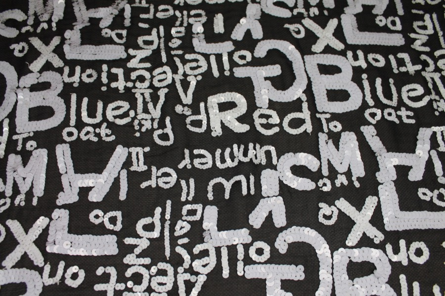 Black chiffon with white round sequin lettering fabric, image 4 of 9