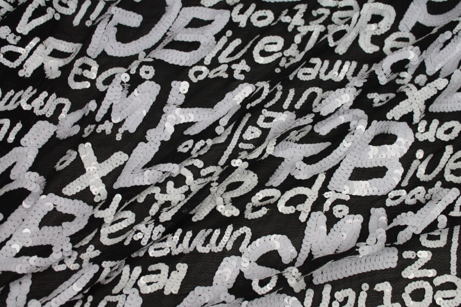 Black chiffon with white round sequin lettering fabric, image 5 of 9