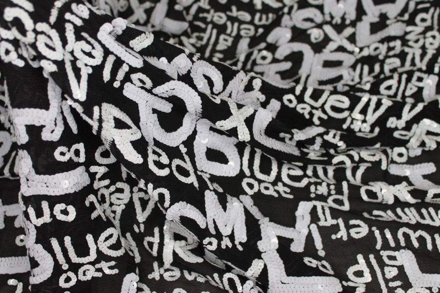 Black chiffon with white round sequin lettering fabric, image 6 of 9