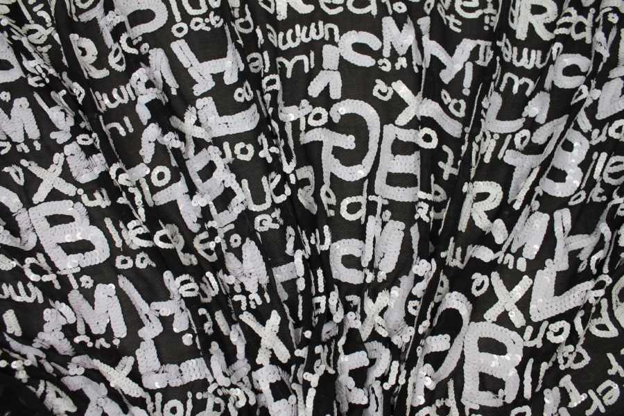 Black chiffon with white round sequin lettering fabric, image 8 of 9