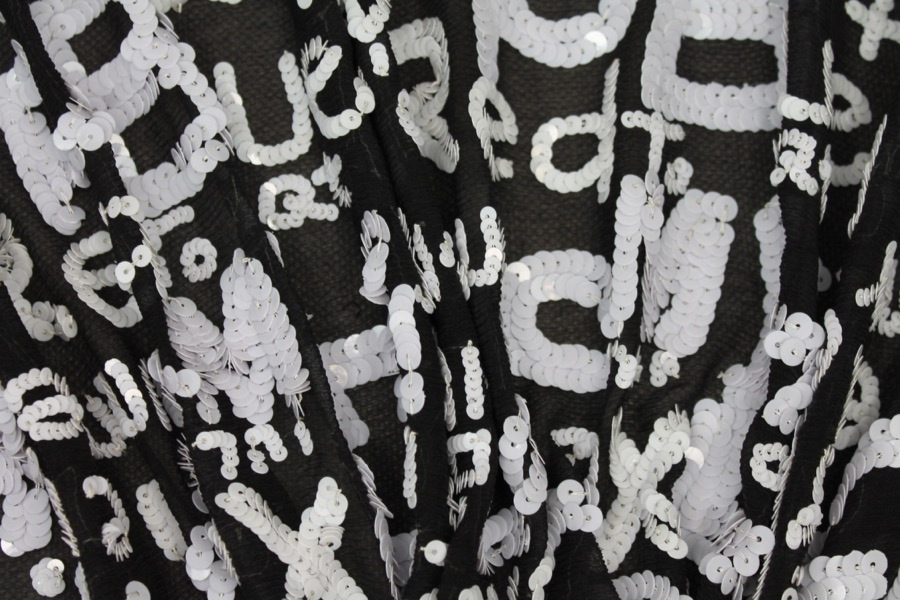 Black chiffon with white round sequin lettering fabric, image 9 of 9