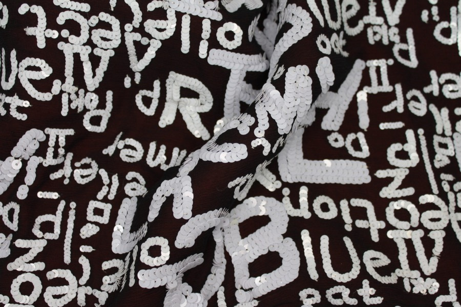 Black chiffon with white round sequin lettering fabric, image 7 of 9