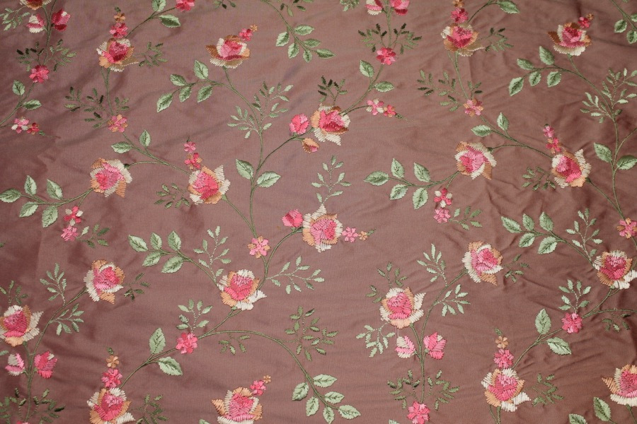 Embroidered Dupion - Pink Roses on Tea Rose fabric, image 4 of 7