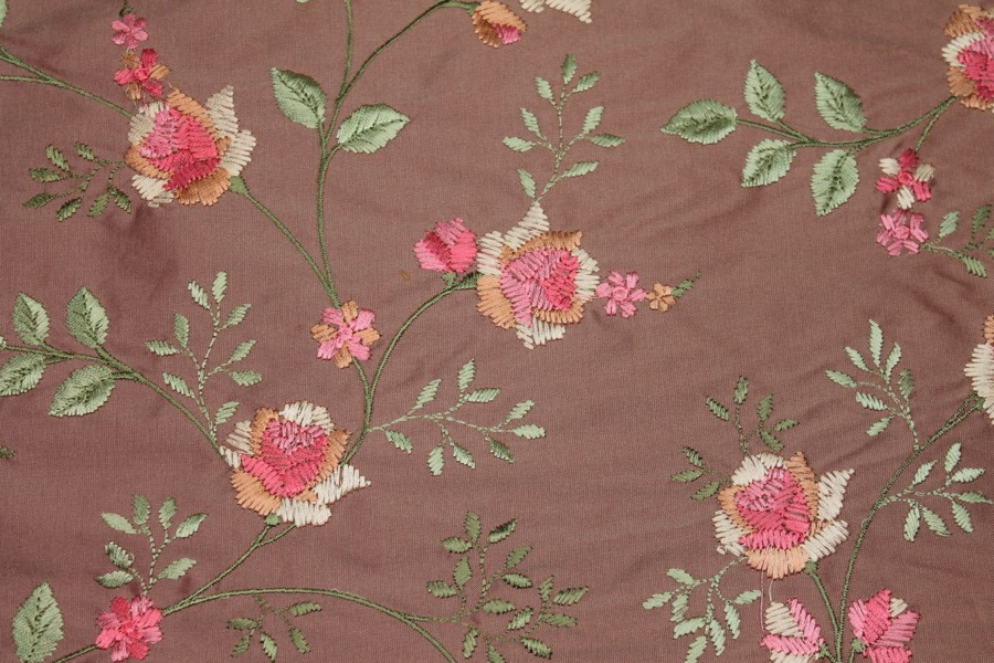 Embroidered Dupion - Pink Roses on Tea Rose fabric, image 3 of 7