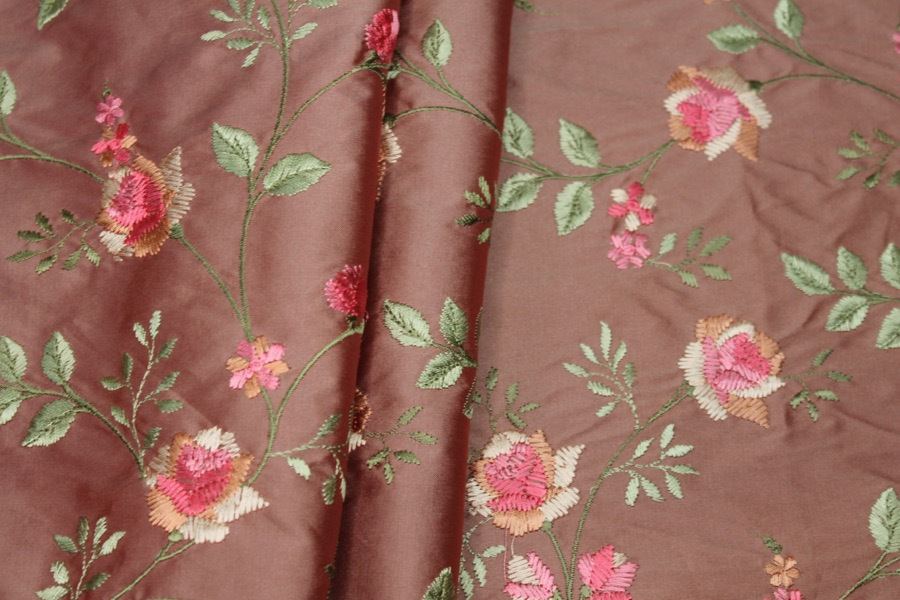Embroidered Dupion - Pink Roses on Tea Rose fabric, image 5 of 7