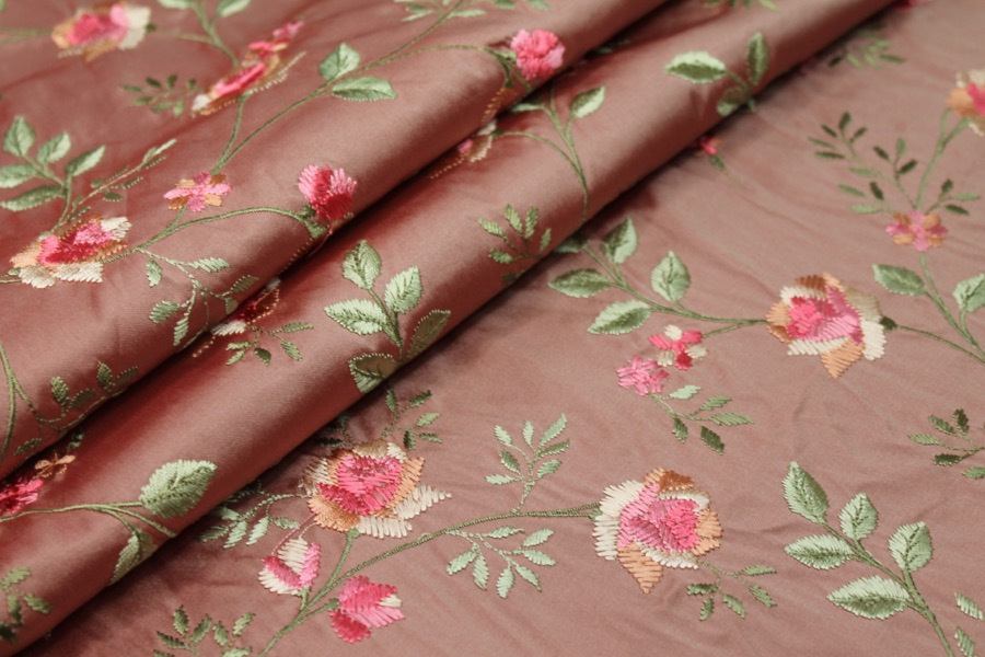 Embroidered Dupion - Pink Roses on Tea Rose fabric