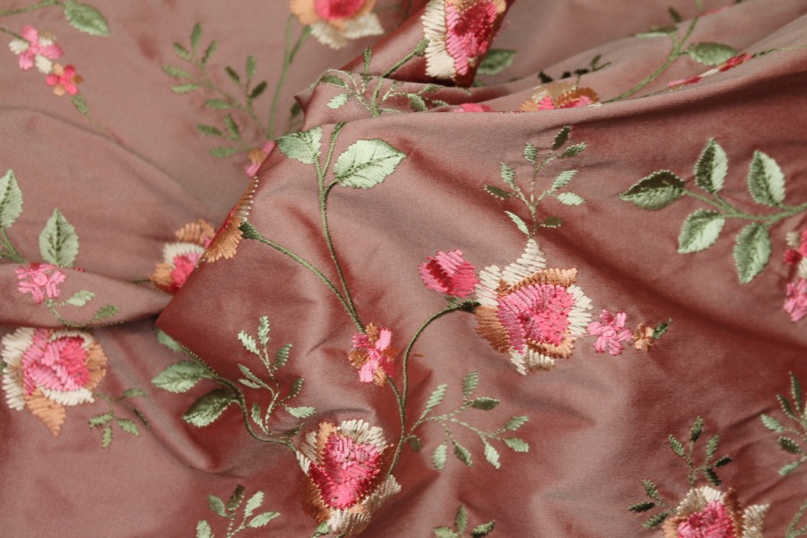 Embroidered Dupion - Pink Roses on Tea Rose fabric, image 6 of 7
