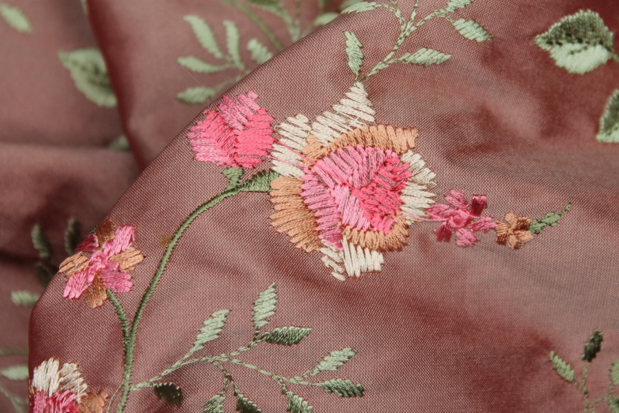 Embroidered Dupion - Pink Roses on Tea Rose fabric, image 2 of 7