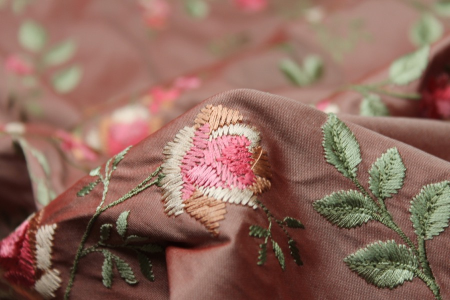 Embroidered Dupion - Pink Roses on Tea Rose fabric, image 7 of 7