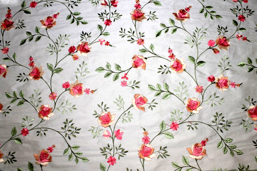 Embroidered Dupion - Pink and Peach Roses on Pale Pink fabric, image 4 of 7