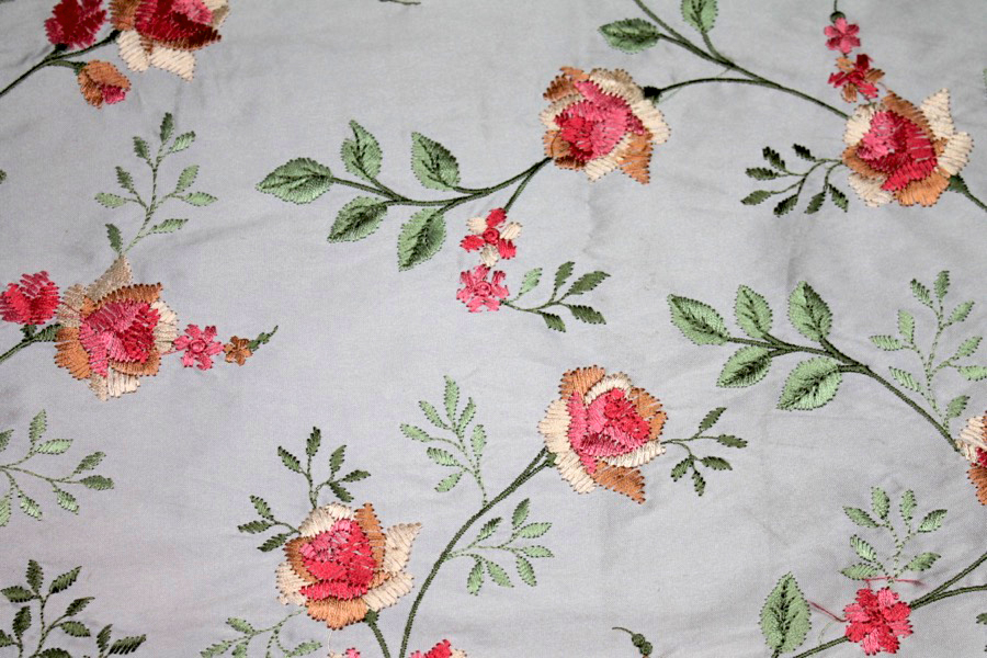 Embroidered Dupion - Pink and Peach Roses on Pale Pink fabric, image 2 of 7