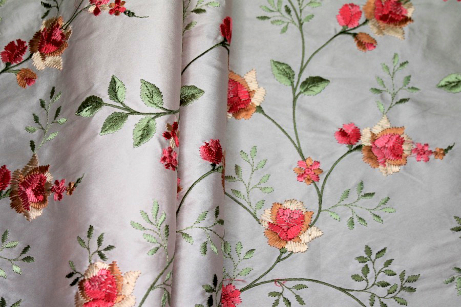 Embroidered Dupion - Pink and Peach Roses on Pale Pink fabric, image 3 of 7