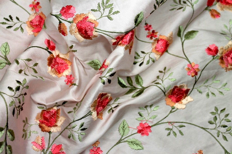 Embroidered Dupion - Pink and Peach Roses on Pale Pink fabric, image 7 of 7