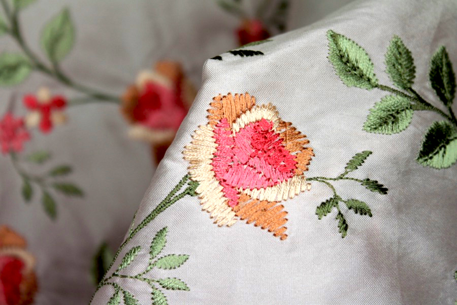 Embroidered Dupion - Pink and Peach Roses on Pale Pink fabric, image 5 of 7