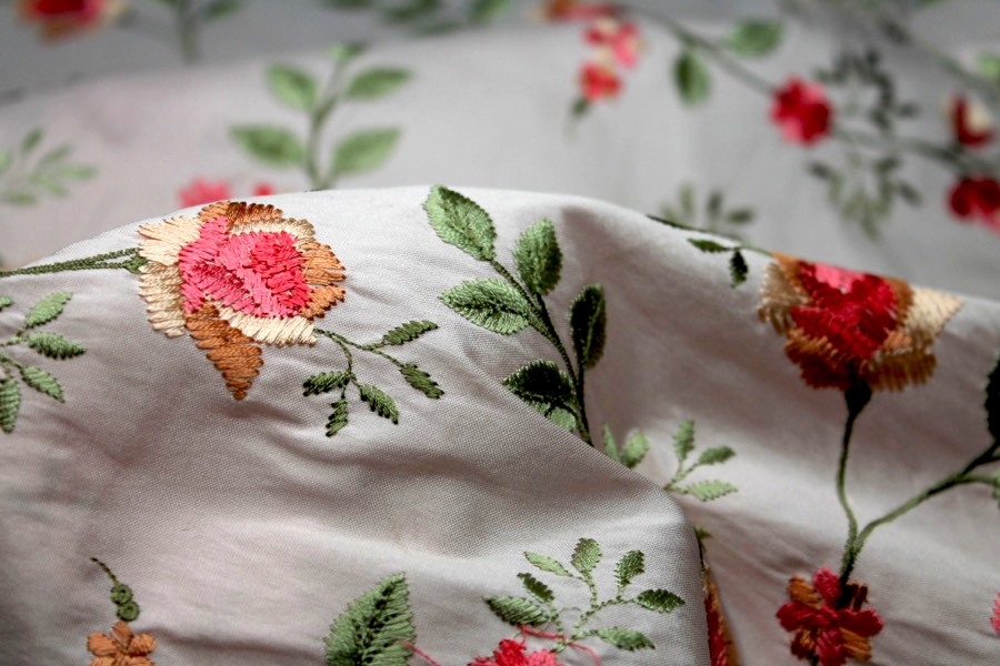 Embroidered Dupion - Pink and Peach Roses on Pale Pink fabric, image 6 of 7