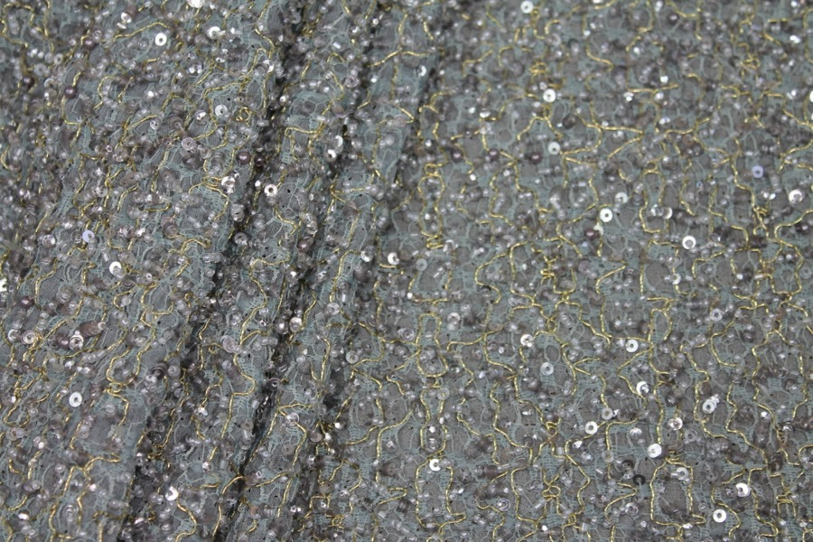 Mesh Mounted Silk Georgette with Sequins & Beads - Grey / Duckegg fabric, image 3 of 5
