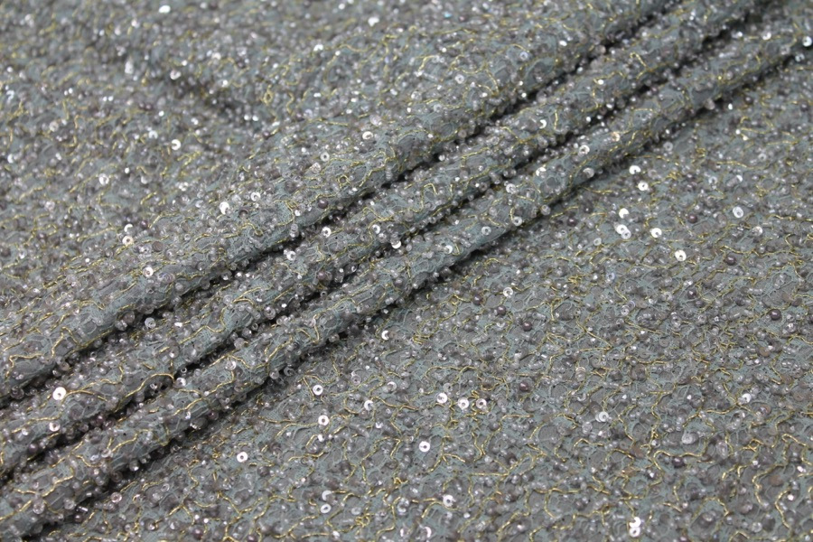 Mesh Mounted Silk Georgette with Sequins & Beads - Grey / Duckegg fabric, image 2 of 5
