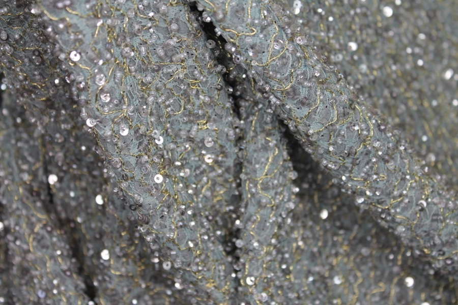 Mesh Mounted Silk Georgette with Sequins & Beads - Grey / Duckegg fabric, image 4 of 5