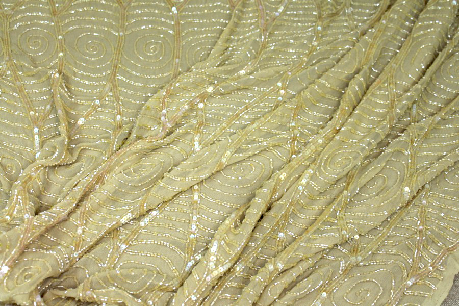 Mustard yellow chiffon with yellow iridescent bugle beads