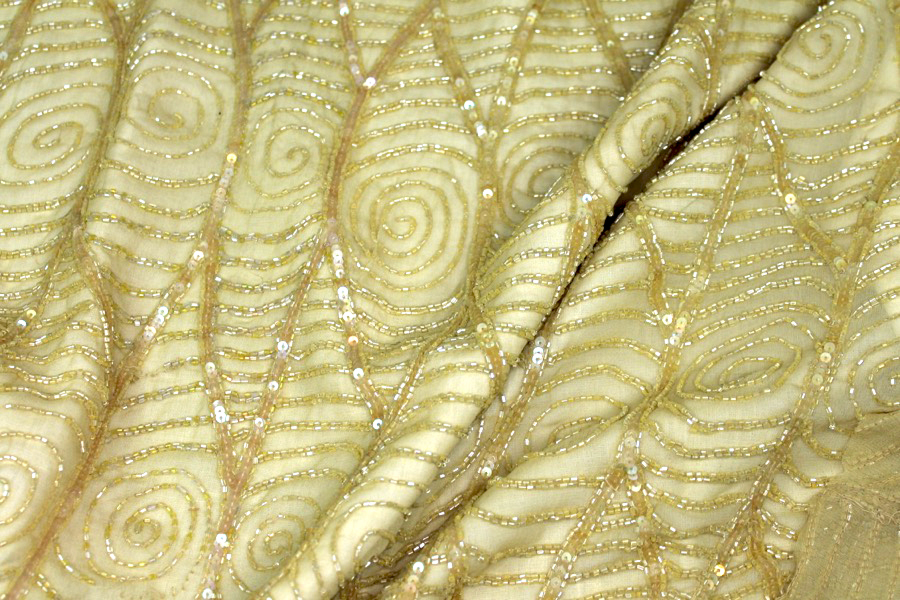 Mustard yellow chiffon with yellow iridescent bugle beads