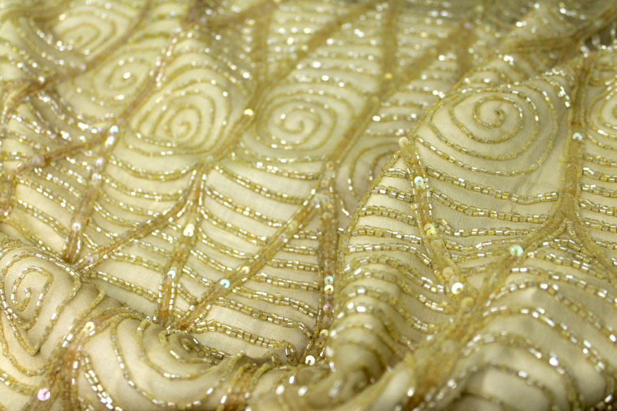 Mustard Yellow Chiffon with Iridescent Bugle Beads Sequins fabric, image 7 of 7