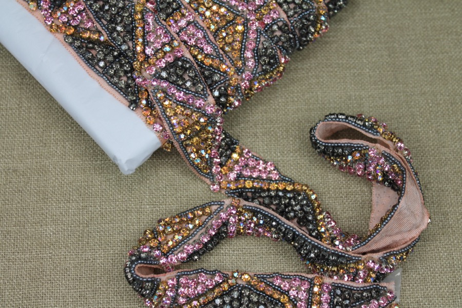 Beaded Diamanté Grosgrain Ribbon in Pink Gold and Grey trim, image 7 of 7
