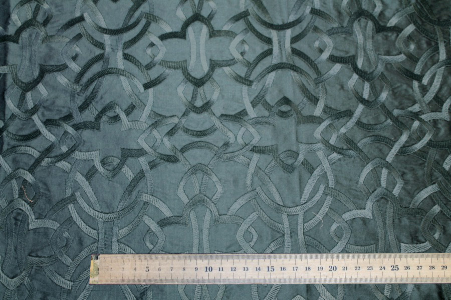 Geometric Embroidered Silk Dupion - Teal fabric, image 7 of 7