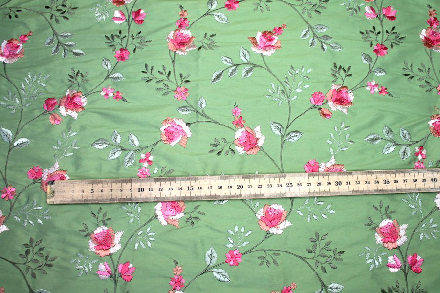Embroidered Dupion - Pink Roses on Apple Green fabric, image 4 of 7