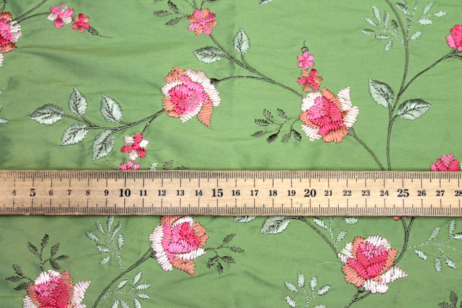 Embroidered Dupion - Pink Roses on Apple Green fabric, image 6 of 7