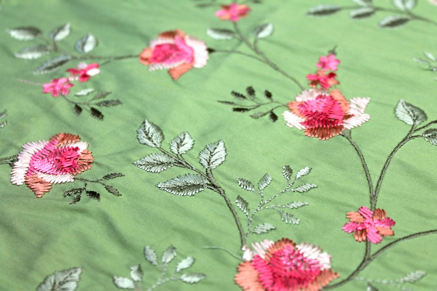 Embroidered Dupion - Pink Roses on Apple Green fabric, image 3 of 7