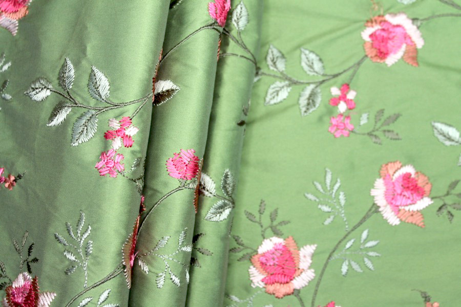 Embroidered Dupion - Pink Roses on Apple Green fabric, image 2 of 7