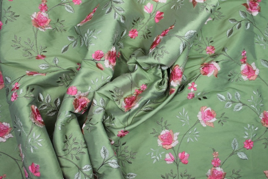 Embroidered Dupion - Pink Roses on Apple Green fabric, image 5 of 7